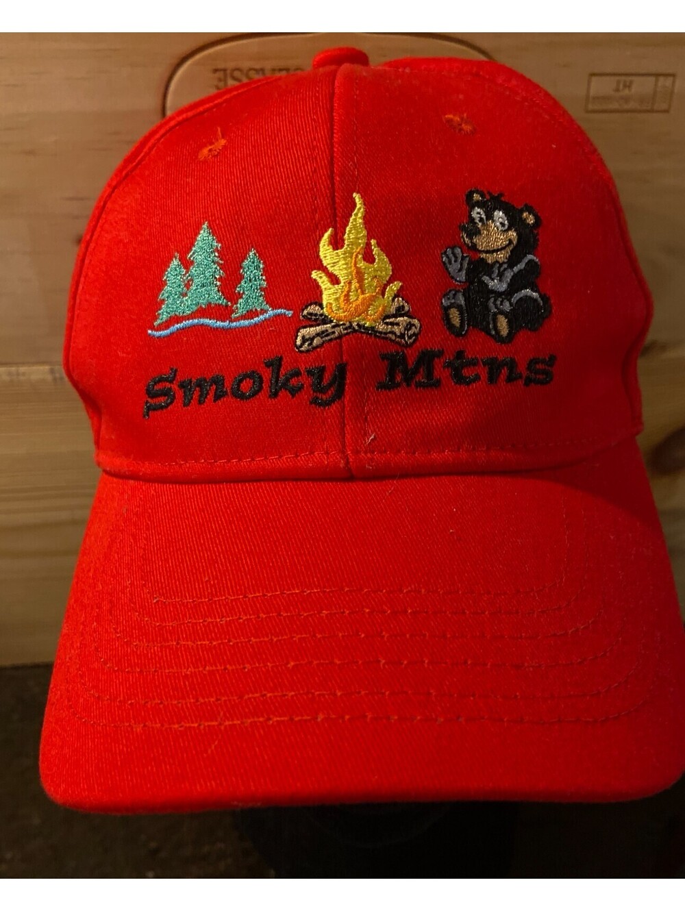GREAT SMOKY Mtns MOUNTAINS hat lightweight KIDS Campfire Bear Red Adjustable Cap